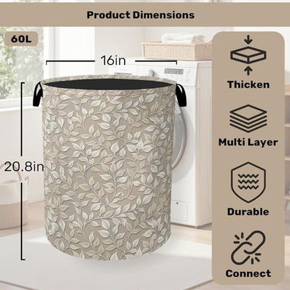 Beige Leaves Modern Laundry Basket - Heavy Duty 60L Dirty Clothes Organizer, Water Resistant Foldable Hamper for Men Women - color: Beige Leaves Modern