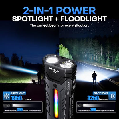 EDC Rechargeable Flashlight 3250 Lumens with RGB Light,55 Modes Multifunctional Flat Flashlight with Floodlight,Spotlight and Magnetic Base,Waterproof USB C Flashlight for Camping,Home,Emergencies - size: Large