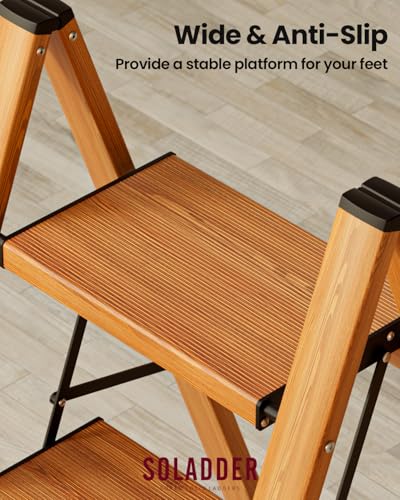 SOLADDER 2 Step Ladder, Folding Step Stool with Anti-Slip Wide Sturdy Pedal, Multi-Use for Home and Kitchen Use, Space Saving-Woodgrain(300lbs Capacity) - color: Woodgrain, size: 2 Step