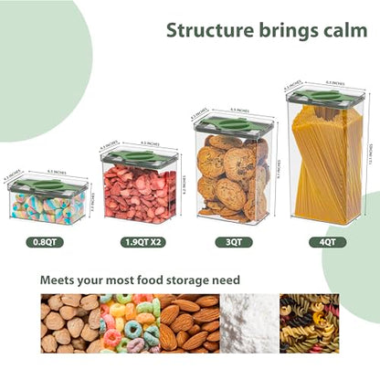5-Piece SAN Airtight Pantry Storage Container Set, Leakproof Twist-Lock Lids, BPA-Free Stackable Canisters for Sugar, Flour, Pasta, Cereal & Snacks (0.8qt, 1.9qt ×2, 3qt, 4qt) - color: Green