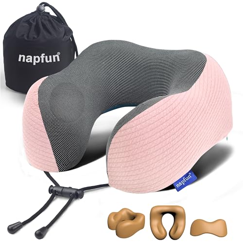 napfun Neck Pillow for Traveling, Upgraded Travel Neck Pillow for Airplane 100% Pure Memory Foam Travel Pillow for Flight Headrest Sleep, Portable Plane Accessories, Pink - color: Pink