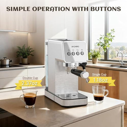 AYCHIRO 20 Bar Espresso Machine, Professional Espresso Machine with Milk Frother, Compact Espresso Maker for Cappuccino and Latte, Removable Water Tank and Drip Tray - color: SS-Silver