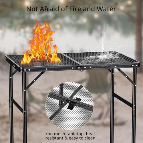 Anbte Portable Grill Table Max 29.5", 2 Adjustable Heights Folding Camping Table with Heat-Resistant Mesh Tabletop &Portable Handle, Waterproof, for Cooking BBQ Outdoor Patio, 31" X 22", Black - size: 35"L x 21.65"W x 29.4H"