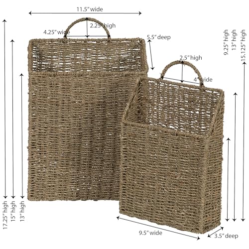 Rectangular Wicker Hanging Baskets, Set of 2, Small and Large, Handwoven Seagrass, Durable Metal Wire Frame, Multipurpose and Contemporary, Perfect for Organizing Newspapers, Mail and More, Natural