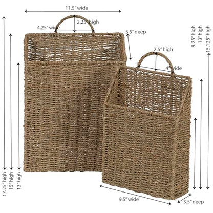 Rectangular Wicker Hanging Baskets, Set of 2, Small and Large, Handwoven Seagrass, Durable Metal Wire Frame, Multipurpose and Contemporary, Perfect for Organizing Newspapers, Mail and More, Natural