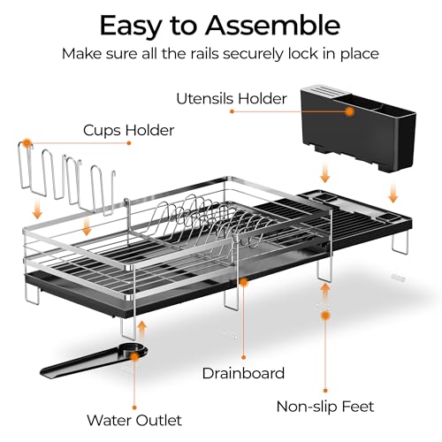 Delamu Stainless Steel Dish Drying Rack, Expandable Dish Drainer, Anti-Rust Large Dish Racks for Kitchen Counter, Dish Strainers with Drainboard, Utensil & Cup Holder, 13.4"-28.7" L x 11.8" W, Silver - color: Silver