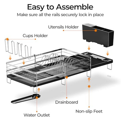 Delamu Stainless Steel Dish Drying Rack, Expandable Dish Drainer, Anti-Rust Large Dish Racks for Kitchen Counter, Dish Strainers with Drainboard, Utensil & Cup Holder, 13.4"-28.7" L x 11.8" W, Silver - color: Silver