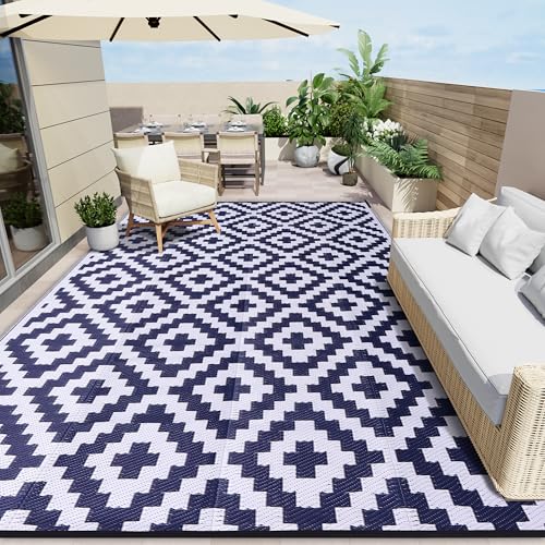 OLANLY Waterproof Outdoor Rug 8x10 ft, Outdoor Plastic Straw Rug for Camping, RV Mat Outside, Indoor Outdoor Carpet for Porch, Deck, Backyard, Balcony, Picnic, Navy & White - color: Navy Blue & White, size: 8' X 10' (Rectangular)
