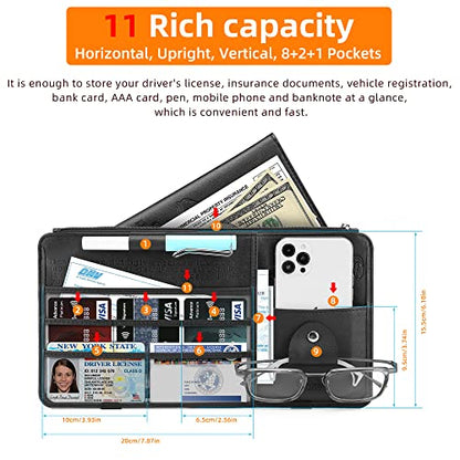 Leather Car Sun Visor Organizer for Cars, Trucks & SUVs: Features Sunglasses Holder, Secure Zipper Pockets, and 6 Clear Windows for Registration, Driver's License, and Insurance Card（black）