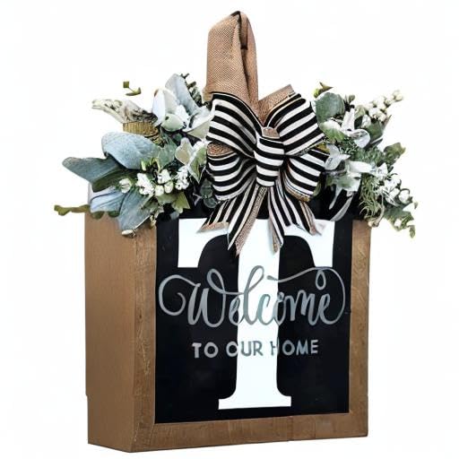 Last Name All Year Round Front Door Wreath with 26 Initial Letter Welcome Sign All Seasons Eucalyptus Garland and Bow ，Farmhouse, Porch, for Spring Summer Fall All Seasons Holiday Halloween Christmas.（T） - color: T