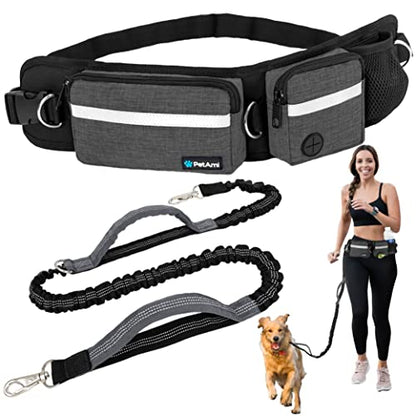 PetAmi Hands Free Dog Leash, Dog Running Leash Belt Bag for Walking, Jogging, Dog Waist Double Zipper Pouch with Poop Bag Dispenser, Dual Padded Handles Reflective Bungee Leash, Single (Charcoal Grey) - color: Charcoal Grey, size: 1 Leash
