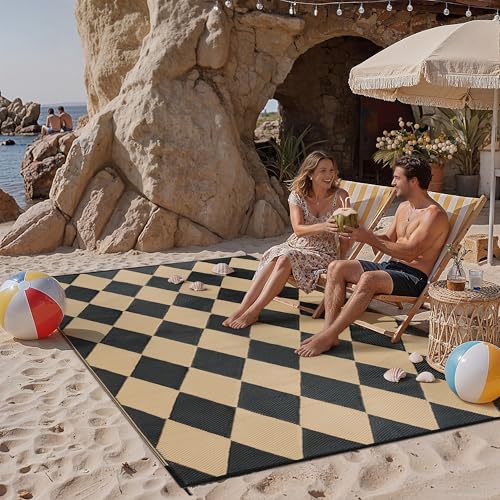 Outdoor Plastic Checkered Rug Waterproof Patio 5x8 Black Brown Diamond Geometry Mat for Porch Camping RV Balcony Deck Courtyard Reversible Lightweight Durable Portable - color: Diamond | Black/Brown, size: 5' x 8' (Rectangular)