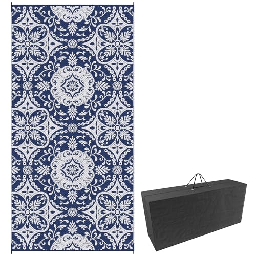 Outsunny Reversible Outdoor Rug Carpet, 9' x 18' Waterproof Plastic Straw Rug, Portable RV Camping Rugs with Carry Bag, Large Floor Mat for Backyard, Deck, Picnic, Beach, Blue & White Floral - color: Blue,white, size: 8'11" x 17'11" (Rectangular)