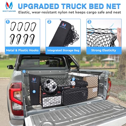 MICTUNING Truck Bed Cargo Net Highly Elastic Cargo Net with Storage Bag Small Mesh Durable Storage Organizer Compatible for 2013-2024 Chevy Silverado (16.9"" X 49"" to 62""), Black - size: 49x16.9Inch for Pickup