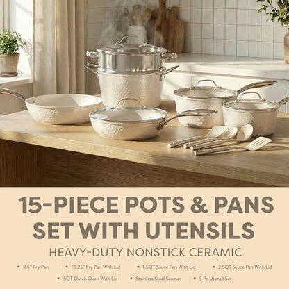 Gotham Steel Hammered 15 Pc Ceramic Cookware Set Nonstick, Pots and Pans Set Non Stick with Induction Cookware, Cooking Utensils & Steamer, Non Toxic PFOA PFOS Free, Oven & Dishwasher Safe - color: Hammered Cream