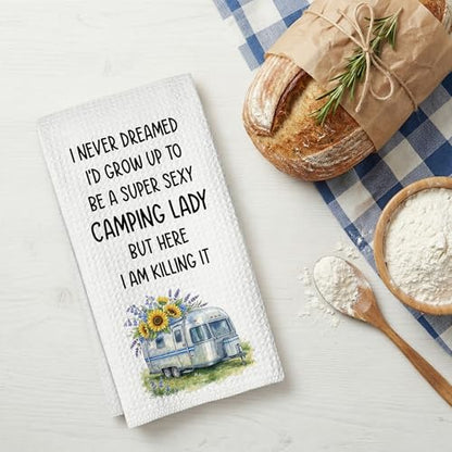 Camping Kitchen Towels 16x24 Waffle Weave, I Never Dreamed I’d Grow Up to Be a Super Sexy Camping Lady Dish Towels, Camp RV Gifts for Women, Gifts for Campers -A03 - color: Camping_03