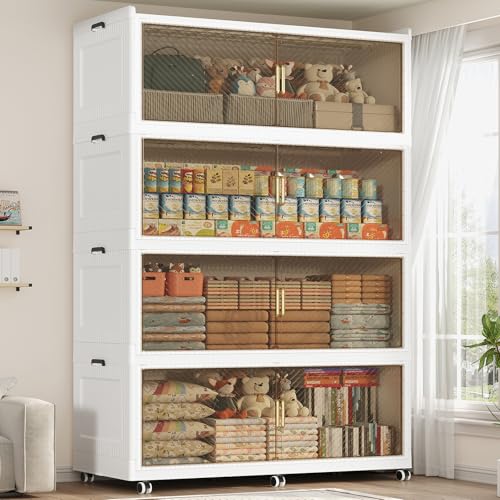1280QT Storage Bins with Lid Extra Large Stackable Closet Organizer Plastic Container Box, 320Gal 4-Tier Collapsible Cabinet with Wheels and Doors for Living Room Kitchen Office Dorm, White - color: White Brown, size: 320QT-4Pack