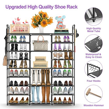 Kottwca Shoe Rack Organizer, Large Shoe Rack for Entryway Closet, Metal Shoe Shelf for Shoes and Boots, Big Non-Woven Fabric Shoe Storage Organizer with Hooks for Cloakroom, Black… - size: 3 Row 9 Tier-1