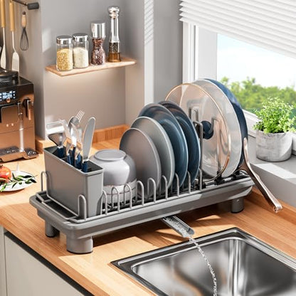 SanDream Small Dish Drying Rack with Removable Utensil Holder & Anti-Scratch Base - Stainless Steel Dish Rack, Dish Drying Rack with Drainage & Space Saving Design for Kitchen Counter, Gray - color: Gray