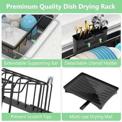 LEMIKKLE Roll Up Dish Drying Rack, Over The Sink Dish Drainer Rack, Foldable Sink Drying Rack, Anti-Slip Silicone Wrapped Dish Drainer for Kitchen Counter - color: Silicone Black