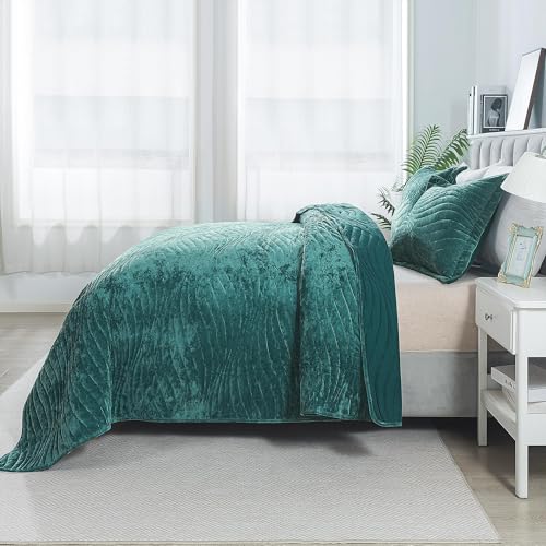 HoneiLife Queen Size Quilt Sets - Velvet Quilt for Queen Beds, Lightweight Bedspreads Solid Coverlets Queen Quilt Bedding Sets 3-Pieces, Blue-Green - color: Blue-green-velvet, size: Queen/Full-90"x96"