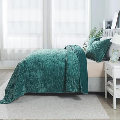 HoneiLife Queen Size Quilt Sets - Velvet Quilt for Queen Beds, Lightweight Bedspreads Solid Coverlets Queen Quilt Bedding Sets 3-Pieces, Blue-Green - color: Blue-green-velvet, size: Queen/Full-90"x96"