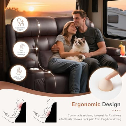 Power RV Loveseat Recliner Sofa, Reclining Loveseats Couch for RV Furniture, Home Theater Seating with Heat Massage, USB, Insert Pockets, Cup Holders, 150° Wall Hugger RV Recliners Sleeper Sofas - color: Brown, size: Loveseat-G1-Power