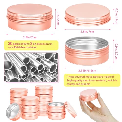 30Pack 2oz Tin Jars, 60ml Metal Tin cans, 2Ounce Aluminum tin can jar Containers with Screw Lid for Lotion Bars, Spices, Salve, Balms, Beard Balm, Toiletries, Creams, Samples, Makeup Cosmetic - color: Rose Gold 30pack