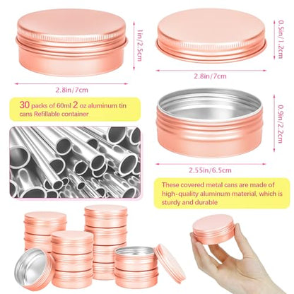 30Pack 2oz Tin Jars, 60ml Metal Tin cans, 2Ounce Aluminum tin can jar Containers with Screw Lid for Lotion Bars, Spices, Salve, Balms, Beard Balm, Toiletries, Creams, Samples, Makeup Cosmetic - color: Rose Gold 30pack