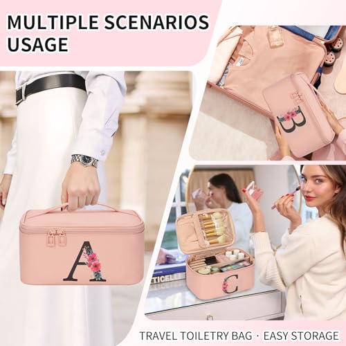 OCHEAL Initial Makeup Bag,Monogram Make up Bag Pink Travel Makeup Organizer Case Beauty Toiletry Cosmetic Bag with Brush Holder, Trendy Stuff Personalized Gifts for Women and Girls-J - color: Pink, style: J