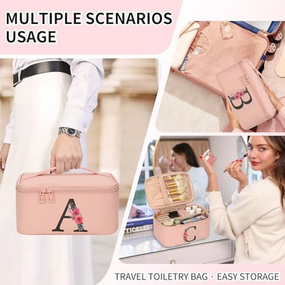 OCHEAL Initial Makeup Bag,Monogram Make up Bag Pink Travel Makeup Organizer Case Beauty Toiletry Cosmetic Bag with Brush Holder, Trendy Stuff Personalized Gifts for Women and Girls-B - color: Pink, style: B