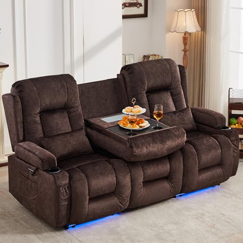 URRED Power Loveseat Recliner Sofa with Massage and Heat, Wall Hugger Reclining Loveseat with Console, RV Couch Home Theater Seating with LED Lights for Living Room (Brown, 76.8" - 3 Seats) - color: Brown, size: 76.8" - 3 Seats