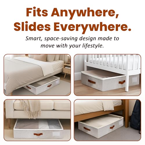 Large Under Bed Storage, 2 Pack Under Bed Storage Containers with Clear Cover, Reinforced Handles and Label Pocket for Dorms, Clothes, Shoes, Blankets, Linens, Only Needs 6" of Clearance