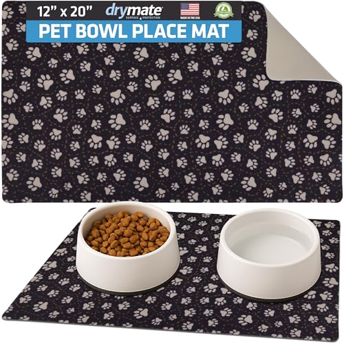 Drymate Pet Bowl Placemat, Dog & Cat Food Feeding Mats, 12x20, Paw Path Tan | Absorbent Fabric, Waterproof Backing, Slip-Resistant, Machine Washable, Contains Spills & Mess, Protects Floors, USA Made - color: Paw Path Tan, size: 20"L x 12"W