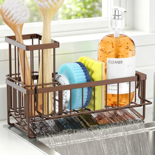Sponge Holder for Kitchen Sink, Kitchen Sink Caddy, Kitchen Sink Sponge Holder, Dish Sponge Holder, Kitchen Sink Organizer for Sponge, Dish Brush, Scrubber(9.65" x 3.74" x 6.3", Brown) - color: Brown