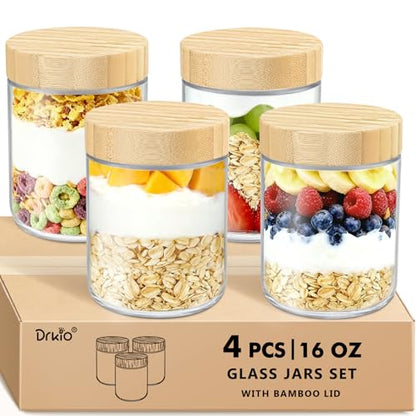 DRKIO 16 Oz Overnight Oats Containers with Bamboo Lids - 4 Pack Glass Storage Jars with Airtight Lids Wide Mouth Mason Food Jars Great for Meal Prep Salad Chia Pudding Snacks Yogurt Sugar Spice Cereal - color: 16 Oz - Natural