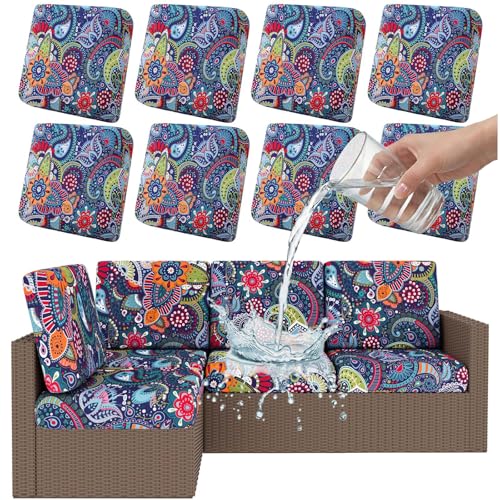 Smiry Waterproof Patio Cushion Covers, Stretch Outdoor Couch Slipcovers Replacement Washable Furniture Protector Sofa Chair Seat Cover for Dogs and Pets (8 Pcs, Blue Green) - color: Blue Green, size: 8PCS