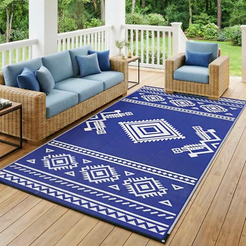 GOTGELIF 9x12 ft RV Camping Rug Waterproof, Large Reversible Bohemian Outdoor Plastic Straw Mat with Carry Bag, 4 Stakes & Seam, UV-Resistant Portable Carpet for Patio Pool Beach Deck (Blue & White) - color: Blue Boho, size: 9' x 12' (Rectangular)