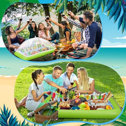 Leitee 5 Pcs Inflatable Serving Bar Kit Includes Salad Buffet Tray with Drain Plug Mesh Food Cover Food Drink Containers and Inflator for Ice Supplies Summer Party Camping Picnic(Green) - color: Green