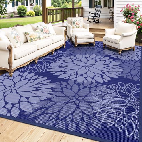Mattitude Outdoor Rug 5' x 8' Waterproof, Reversible Portable Plastic Straw Area Rugs, Patio Carpet for RV Camping, Porch, Deck, Backyard, Camper, Pool, Picnic, Blue & White - size: 5' x 8' (Rectangular)