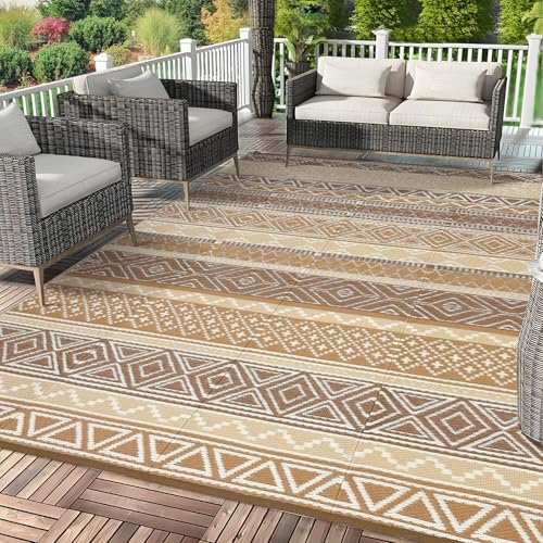 Garvee Waterproof Outdoor Rug 10x14, Reversible Plastic Straw Patio Camping Rug, Indoor Outdoor RV Mat Carpet for Deck, Camper, Porch, Balcony, Backyard, Picnic,Brown/Tan - color: Brown/Tan, size: 10' x 14' (Rectangular)