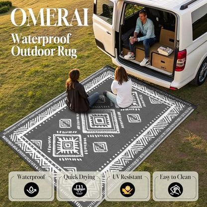 OMERAI Reversible Waterproof Outdoor Rug for Backyard,Plastic Textured Resistant Outdoors Rugs,Portable Washable Easy Cleaning Foldable Camping Beach Carpet for Patio Courtyard, 6'x9' Gray & White