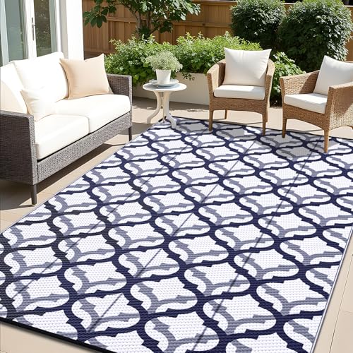 OLANLY Reversible Outdoor Rug 6x9 ft Clearance, Waterproof Outdoor Plastic Straw Rug with Interlacing Pattern, RV Mat for Patio, Camping, Balcony, Deck, Backyard, Navy & White - color: Navy Blue & White, size: 6' X 9' (Rectangular)