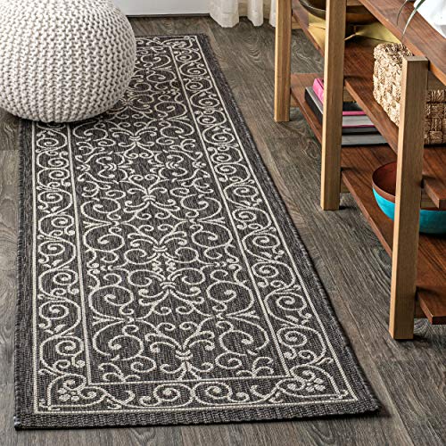 JONATHAN Y Vintage Filigree Indoor Outdoor Runner Rug 2X10 Black/Gray, Charleston Textured Weave for Backyard, Patio, Porch, Easy-Cleaning, High Traffic, Pet-Friendly, Non-Shedding (SMB106G-210) - color: Black/Gray, size: 2'2" x 10' (Runner)