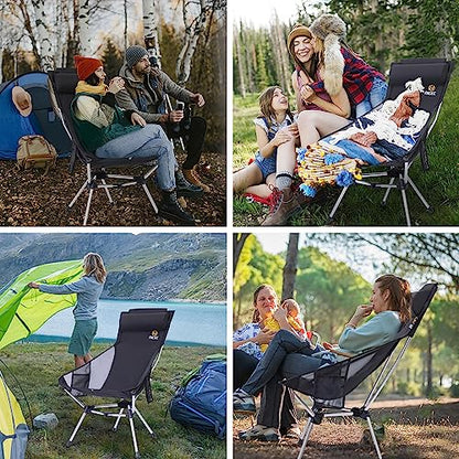 Nice C Ultralight High Back Fold Camp Chair, Compact Collapsible Backpack Hiking Festival Carry Chair, Heavy Duty Outdoor, Travel, Picnic, with 2 Side Pockets, Pillow, Carry Bag (1, Black)