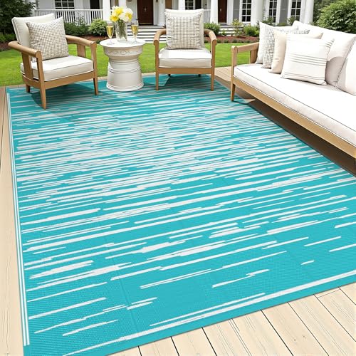 HEBE Outdoor Rug 5'x8' for Patios Clearance Waterproof Patio Mat Plastic Straw Rug Reversible RV Camping Tent Rug Outside Indoor Outdoor Area Rugs for RV,Deck,Beach,Balcony,Camper - color: Stripe/Teal, size: 5' x 8' (Rectangular)