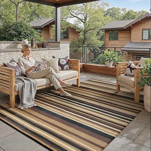 Outdoor Plastic Straw Rug Waterproof Patio 6x9 Brown Black Stripe Mat for Porch Camping RV Balcony Deck Courtyard Reversible Lightweight Durable Portable Carpet - color: Brown/Black, size: 6' x 9' (Rectangular)