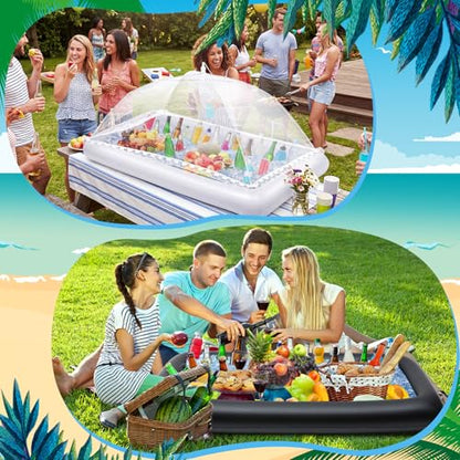 Leitee 5 Pcs Inflatable Serving Bar Kit Includes Salad Buffet Tray with Drain Plug Mesh Food Cover Food Drink Containers and Inflator for Ice Supplies Summer Party Camping Picnic(Black, White) - color: Black/White