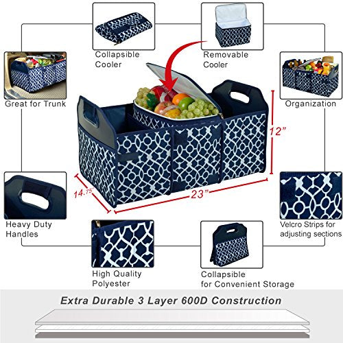Picnic at Ascot 3 Section Folding Trunk Organizer- with Removable Cooler- Designed & Quality Approved in the USA - color: Trellis Blue