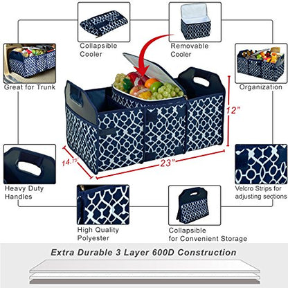 Picnic at Ascot 3 Section Folding Trunk Organizer- with Removable Cooler- Designed & Quality Approved in the USA - color: Trellis Blue